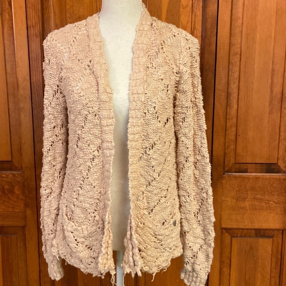Kendall & Kylie Destroyed Hem Grunge Comfy Open Knit Peach Cardigan Sweater S XS